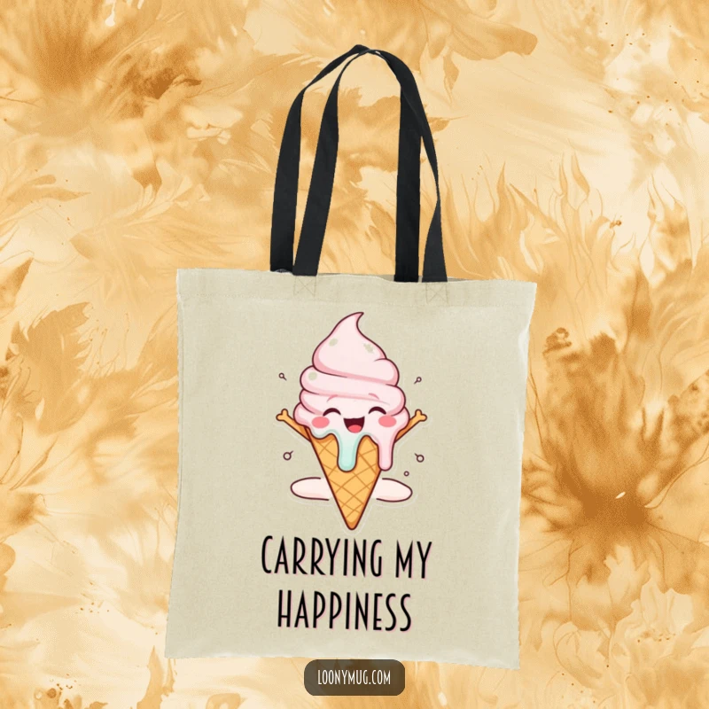 Funny melting ice cream cone tote bag character dripping with joy, a delightful and functional accessory.