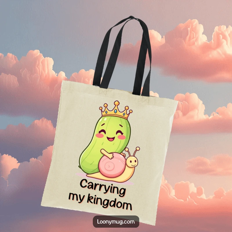 Funny tote bag design: a grinning pickle wearing a crown rides a snail, showcasing whimsical royalty and slow-moving humor.