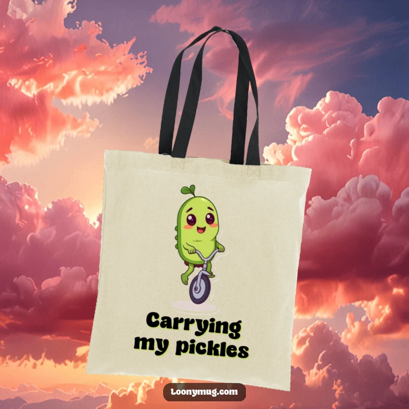 Funny tote bag featuring a mischievous pickle character riding a unicycle with confidence and flair.