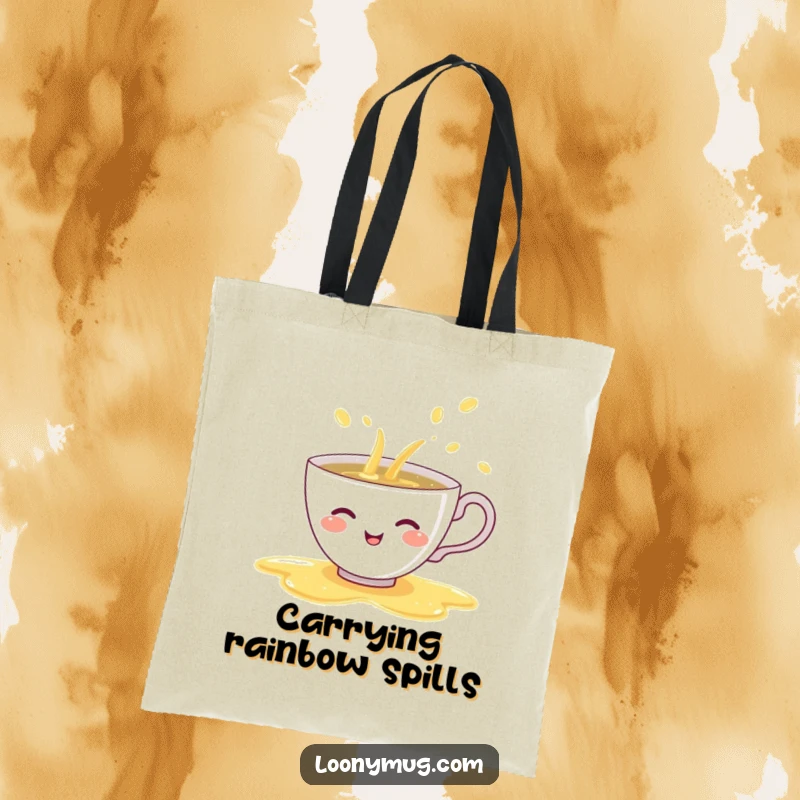 Funny tote bag showing a shy teacup giggling while spilling a rainbow of tea, a whimsical and practical accessory.