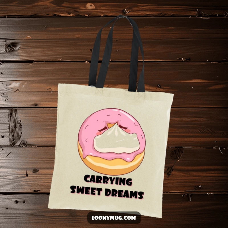 Funny tote bag with a charming sleepy donut snuggling a mini whipped cream pillow, perfect for everyday use.