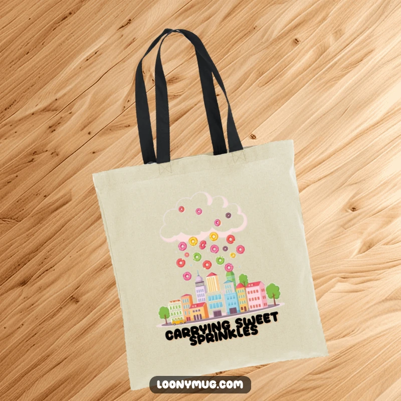 Funny tote bag with a cloud raining colorful donuts over a tiny cityscape, a whimsical and practical accessory for carrying daily items.