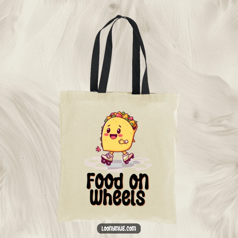 Funny taco on roller skates, zooming across a checkered floor, printed on a tote bag, practical and humorous.