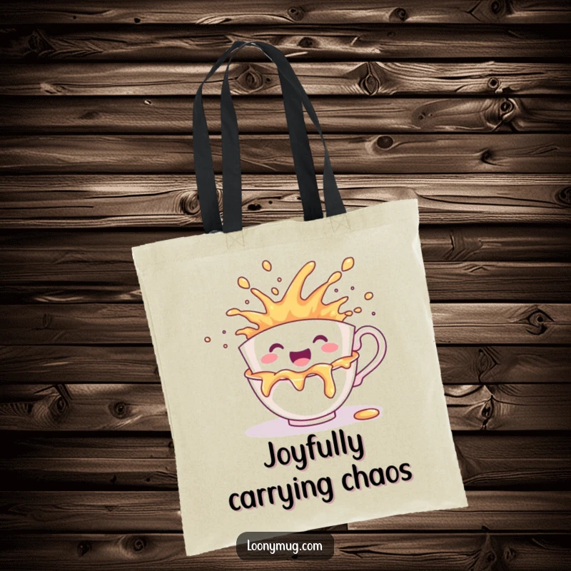 Funny tote bag with a cheerful teacup character creating a joyful, messy explosion of liquid.