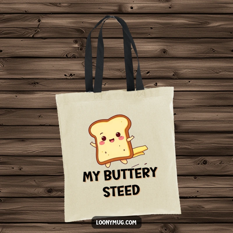 Funny cheerful toast slice riding a runaway butter pat, on a durable tote bag. A humorous and practical accessory.