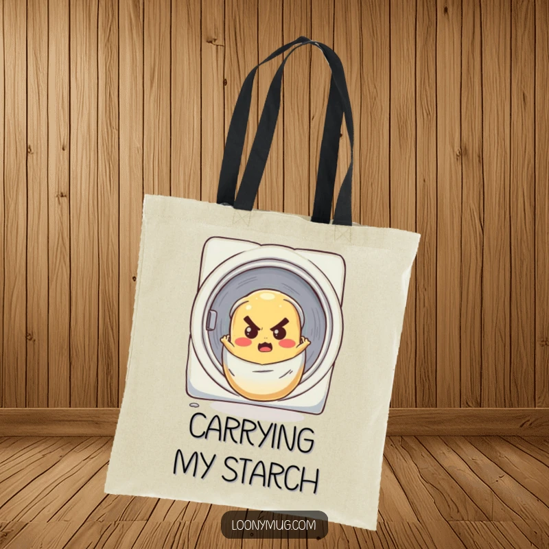 Funny tote bag featuring a determined potato making a dramatic roll down a laundry chute, a whimsical and funny design.