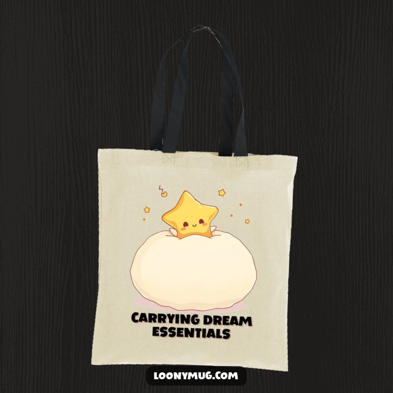 Funny tote bag showing a dreaming star character having fun bouncing on a giant, soft pillow.