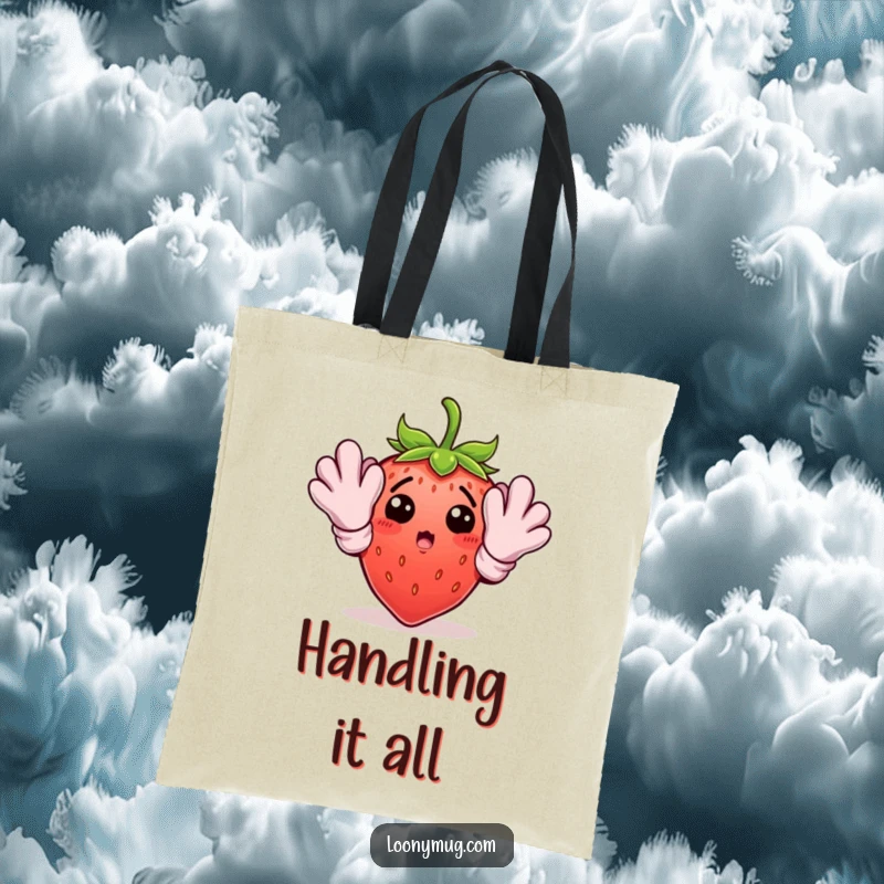 Funny surprised strawberry with oversized gardening gloves on a durable tote bag, ideal for gardeners.