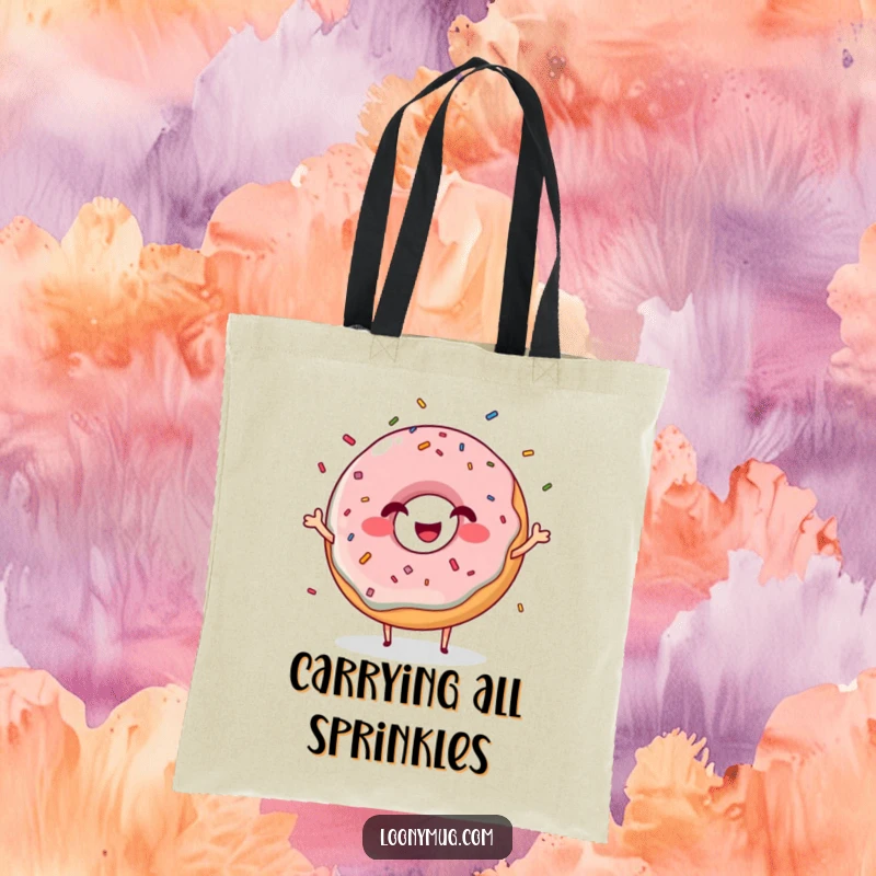Funny giggling donut character tote bag juggling sprinkles with a grin, a humorous and practical accessory.