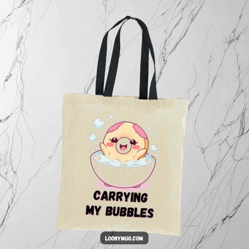 Funny tote bag illustration of a happy donut character blissfully floating in a bubble bath, radiating happiness.