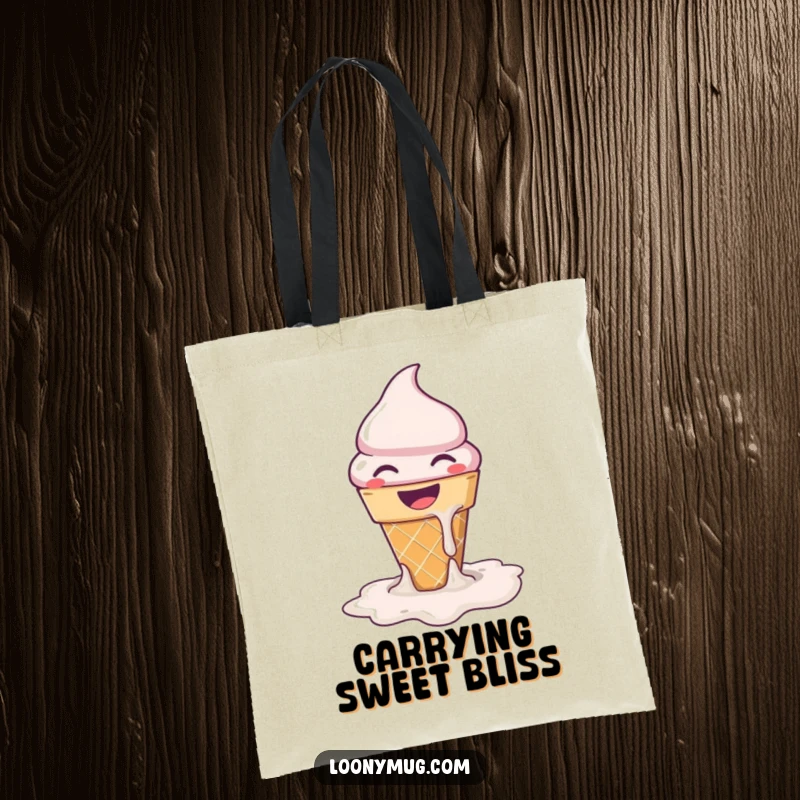 Funny ice cream cone melting into a puddle of joy on a durable tote bag, perfect for shopping.