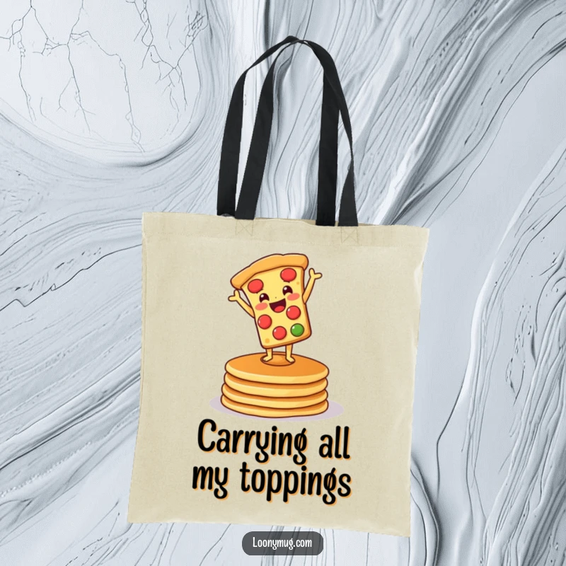 Funny tote bag showcasing a pizza doing a handstand atop pancakes, designed for carrying groceries with a dose of breakfast-themed fun.