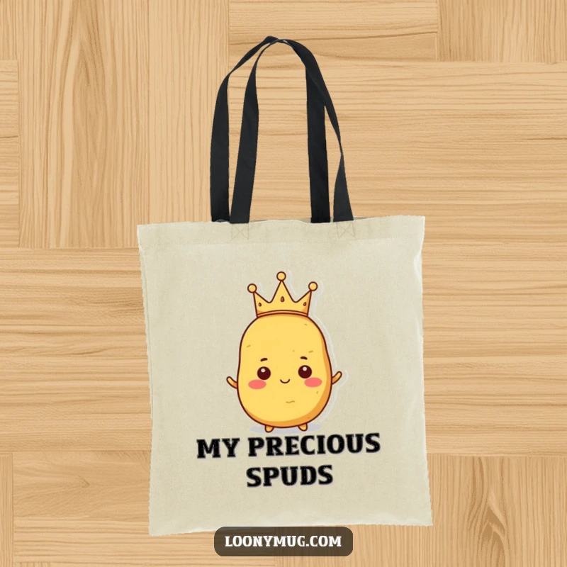 Funny tote bag with a proud potato proudly displaying a tiny, crooked crown, ideal for carrying essentials.