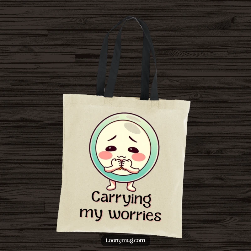 Funny tote bag showcasing a shy button character fumbling with its buttons, ideal for carrying your daily essentials.