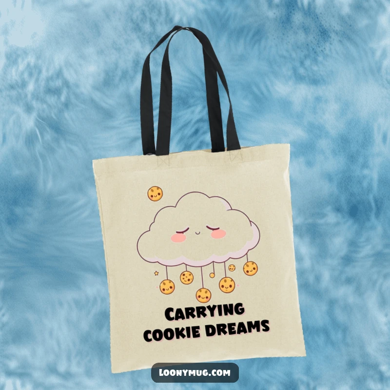 Funny sleepy cloud dreaming of raining cookies, on a durable tote bag. A humorous and practical accessory.