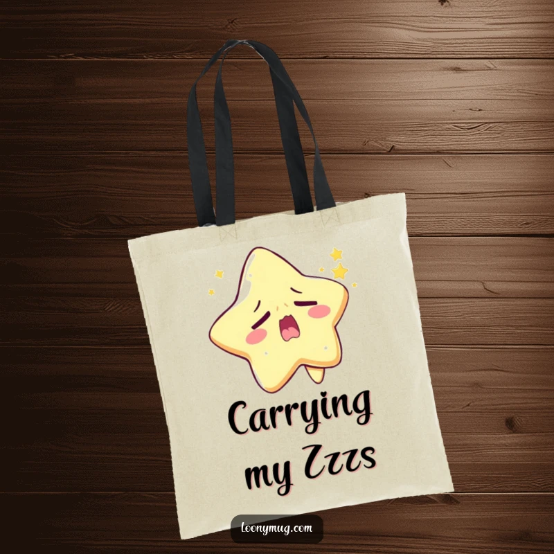 Funny sleepy star yawning character tote bag, struggling to twinkle, a humorous and practical accessory.