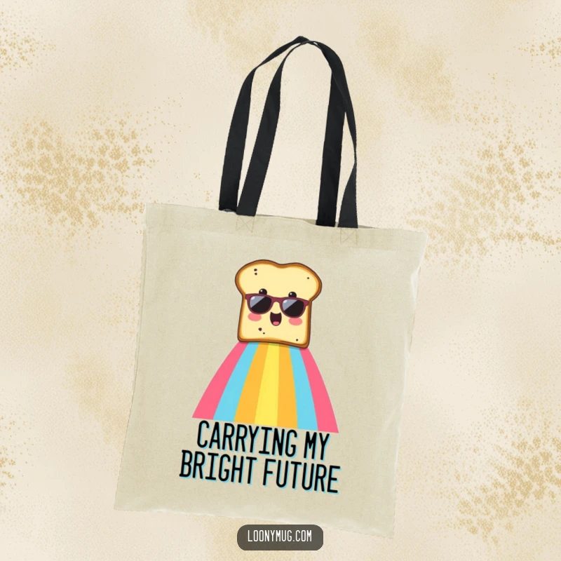 Funny tote bag featuring a surprised slice of toast in sunglasses sliding down a bright rainbow.