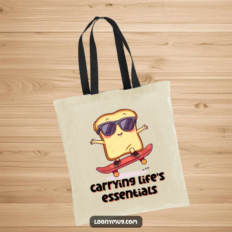 Funny Tote Bag showcasing a slice of toast wearing sunglasses, attempting a skateboard trick, a cool and fun accessory.