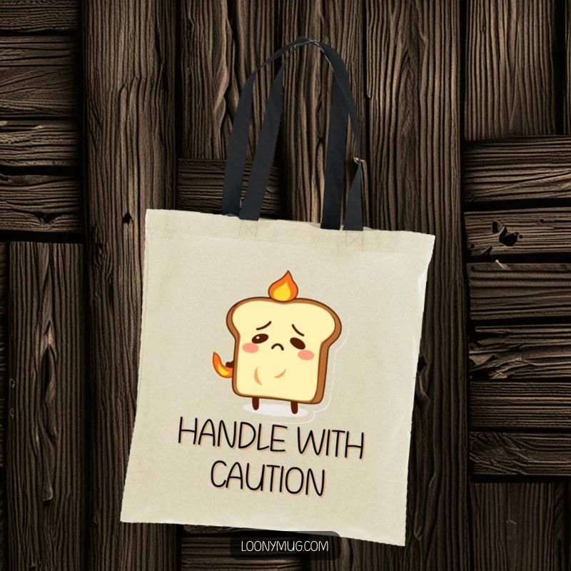 Funny tote bag with a nervous slice of toast attempting to extinguish a small fire on its back, perfect for humor.