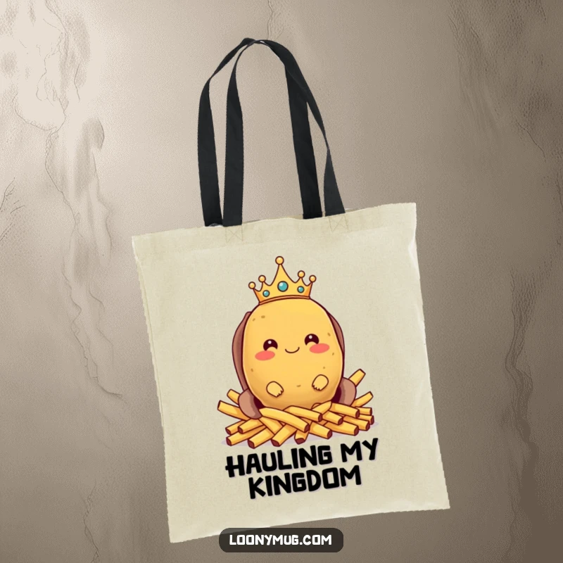 Funny tote bag featuring a proud potato wearing a crown, sitting on a throne of french fries, ideal for carrying everyday items humorously.