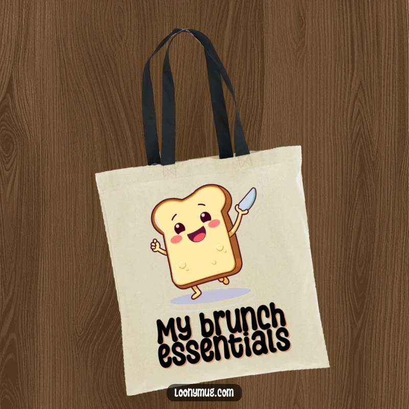 Funny tote bag design of a smiling piece of toast doing a lively dance while holding up a butter knife with enthusiasm.