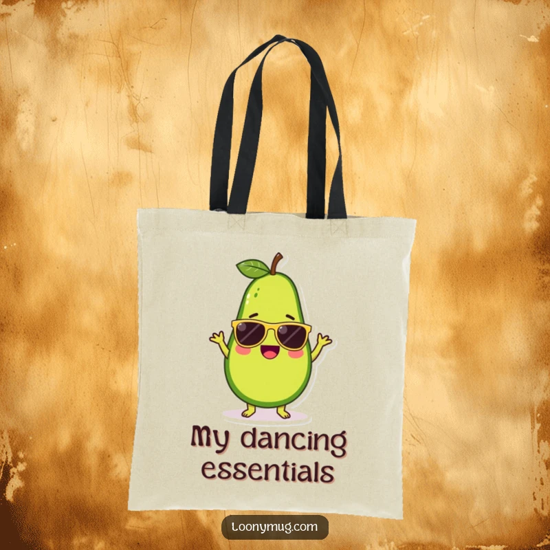 Funny tote bag illustration of a cute avocado character wearing sunglasses and doing a silly, joyful dance.