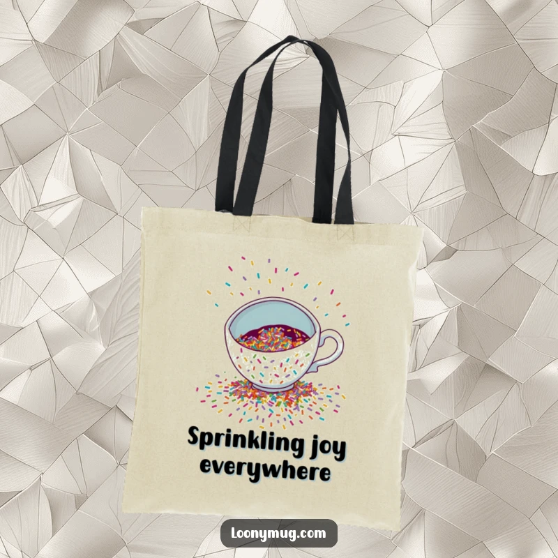 Funny Tote Bag showcasing a mischievous teacup spilling a colorful cascade of sprinkles, a festive and fun accessory.